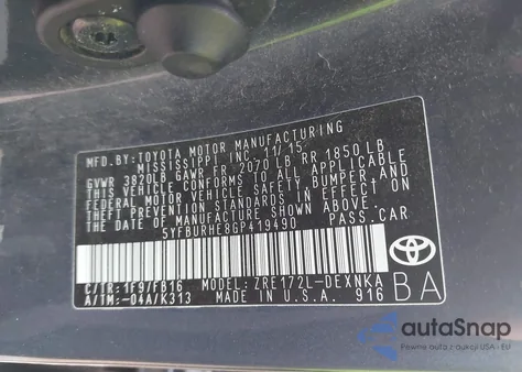 2016 Toyota Corolla Le z USA, uszkodzony, nr VIN 5YFBURHE8GP419490